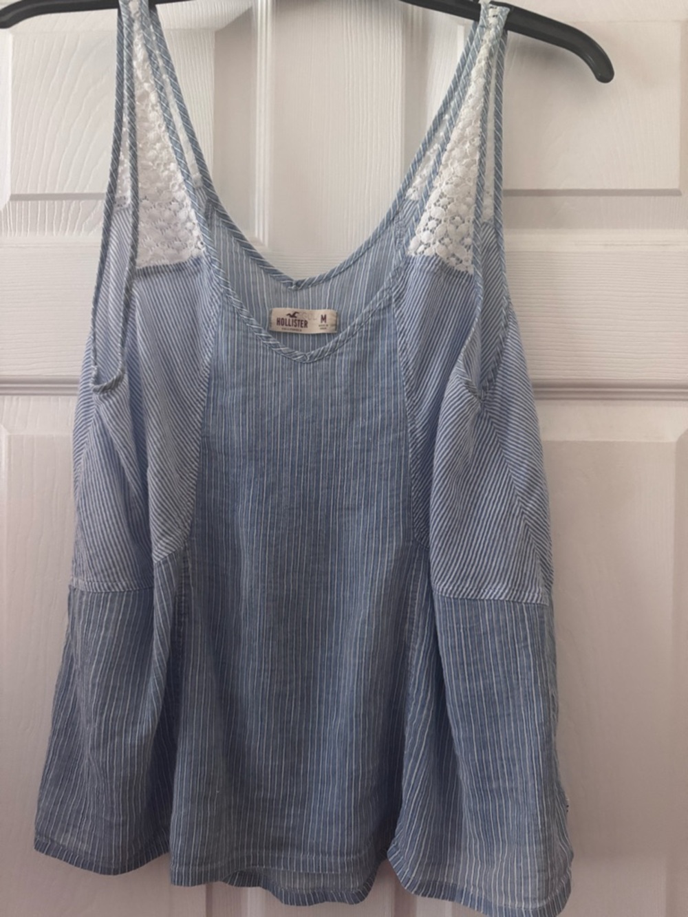 Hollister Light Blue Pinstripe Tank with White Lace Insets